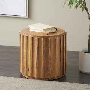 19 in. Brown Handmade Concaved Curve Drum Medium Round Wood End Table with Ridges