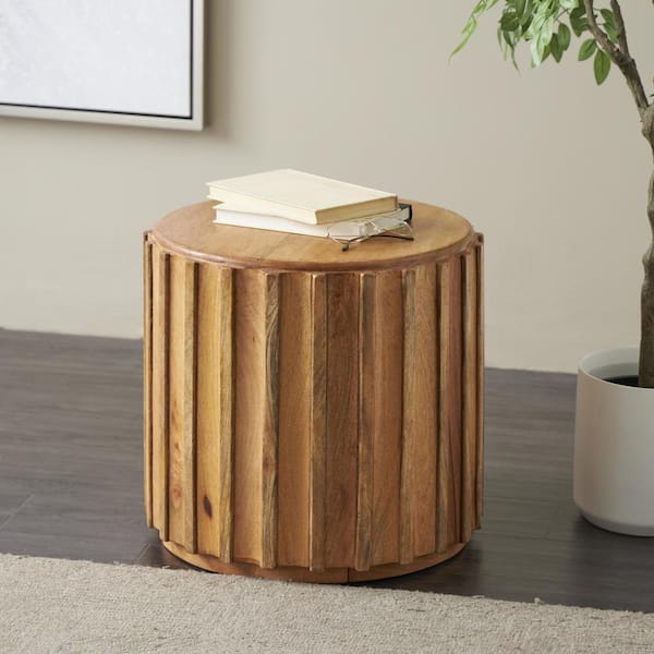Litton Lane 19 in. Brown Handmade Concaved Curve Drum Medium Round Wood End Table with Ridges