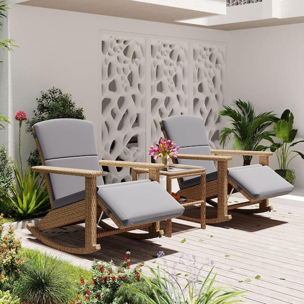 Zeus & Ruta Light Brown Wicker 2 Outdoor Rocking Chair with Gray Cushions and 1 Coffee Table