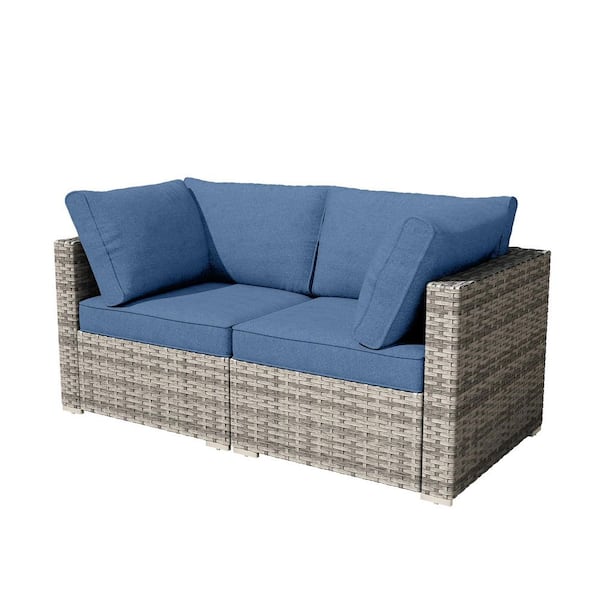 RusticRetreat 2 Pieces Wicker Patio Conversation Seating Sofa Set with Denim Blue Cushions
