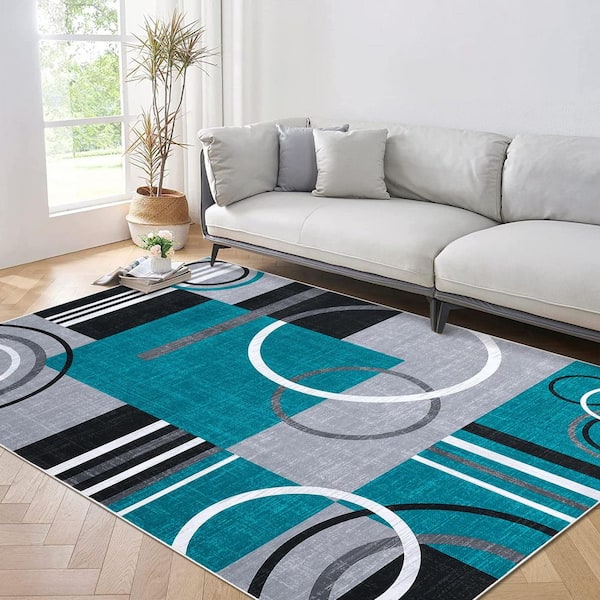 Blue Green 10x13ft Geometric Abstract Washable Area Rug