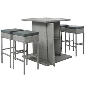 5-Piece Gray Wicker Outdoor Dining Table Set with Dark Gray Cushions for Poolside, Garden, 1 Square Table and 4 Stools