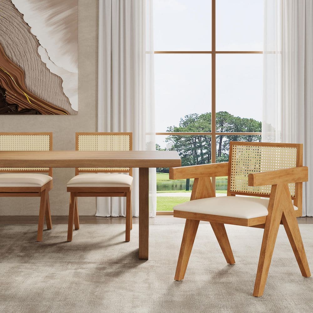 Natural Rubberwood and Cane Upholstered Dining Chairs, Set of 2