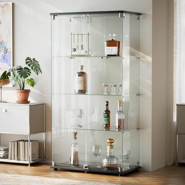 Modern Black 64.2 in. Display Cabinet with 3 Shelves and Tempered Glass Doors