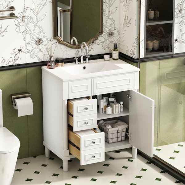 30 in. W Single Sink Freestanding White Bath Vanity with White Ceramic Top and Soft Closing Door Unassembled