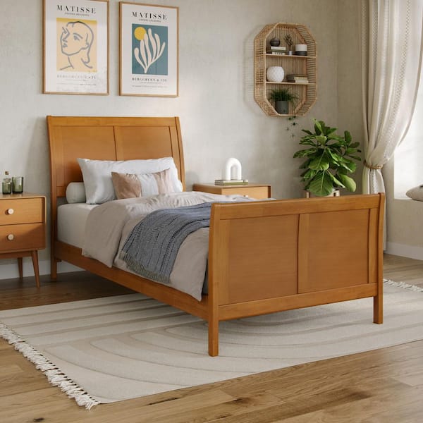 Portland Light Toffee Natural Bronze Solid Wood Frame Twin XL Low Profile Platform Bed with Matching Footboard