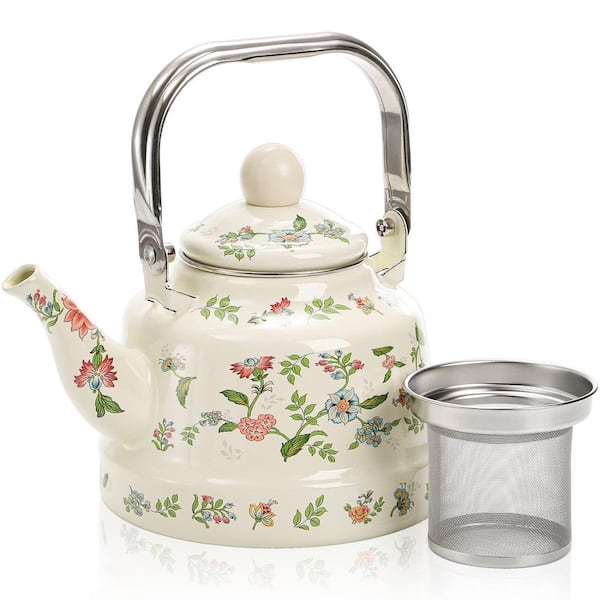 1.8 Quart Green Floral Enamel Steel Stovetop Tea Kettle with Removable Infuser, Induction Compatible