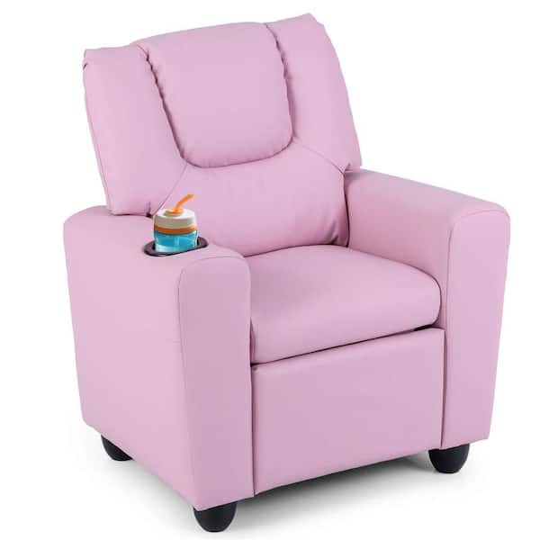 Pink Faux Leather Upholstery Kids Recliner Couch Chair with Cup Holder Black