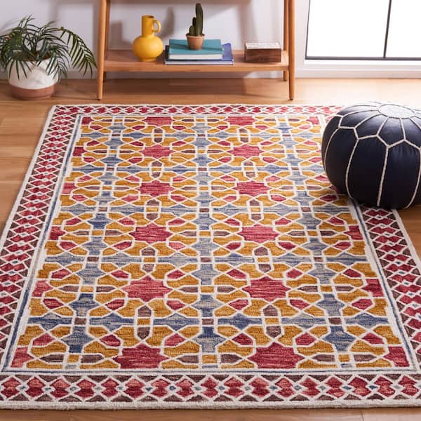 Aspen 5 ft. x 5 ft. Red/Yellow Geometric Border Square Area Rug