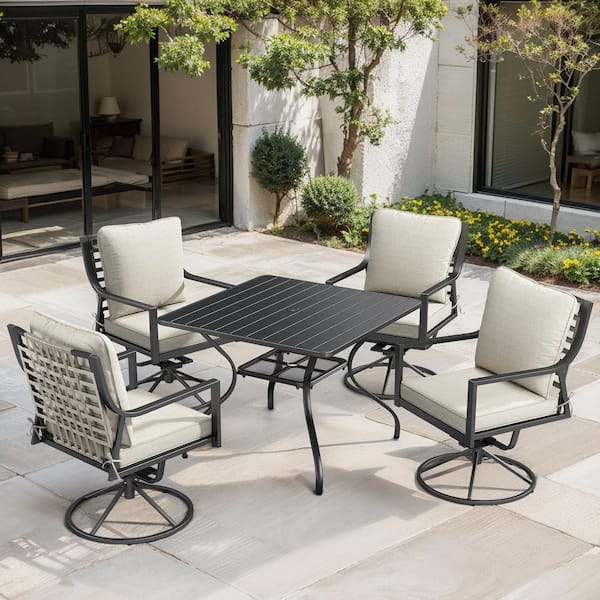 Komodo Black 5-Piece Metal Outdoor Dining Set with Square Table, Gray Wicker Backrests, and Beige Cushions