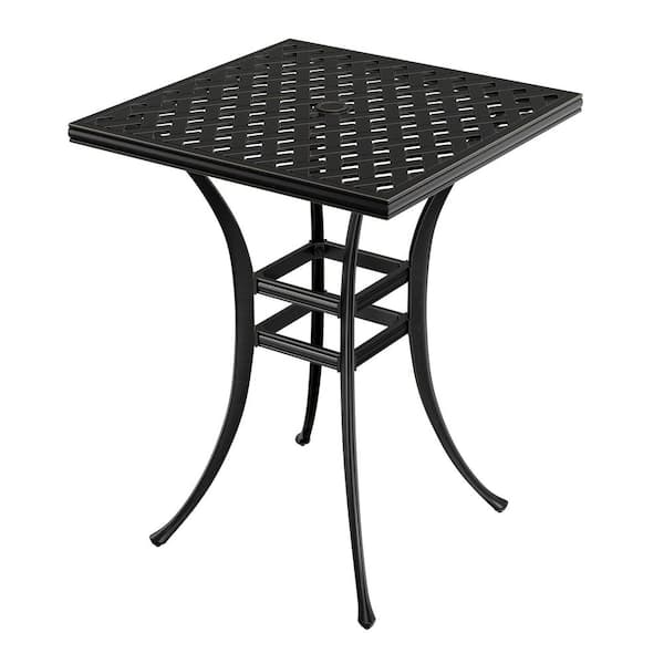 29 in. W x 29 in. D Black Cast Aluminum Outdoor Patio Diamond Grid Tabletop Square Dining Table with Umbrella Hole