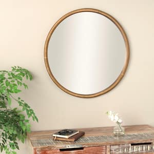 33 in. x 33 in. Ribbed Round Framed Brown Wall Mirror