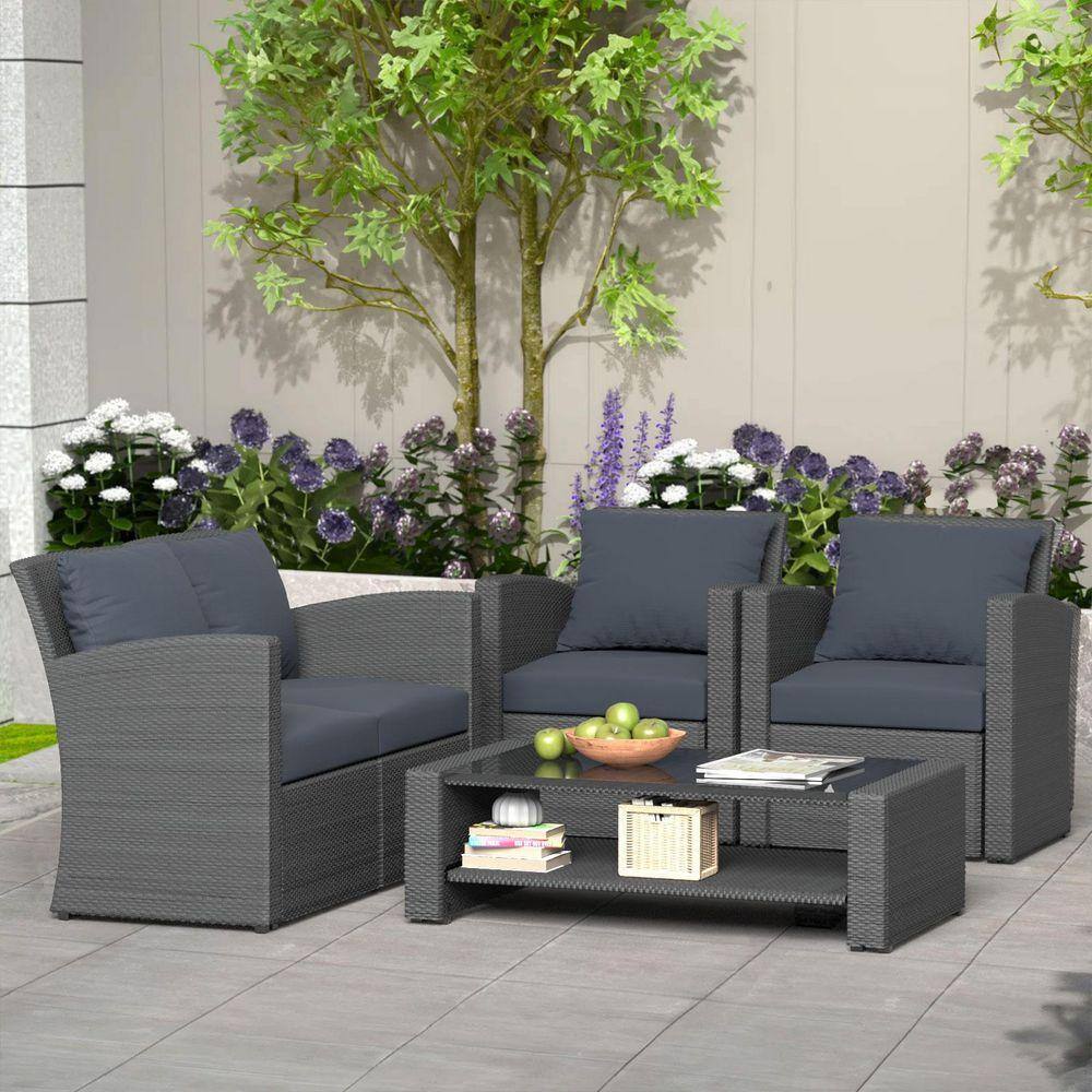 4-Piece Wicker Patio Conversation Set with Gray Cushions for Outdoor ...