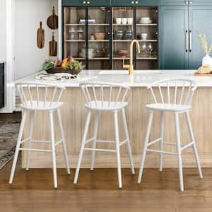 Winson Windsor 30 in. White Solid Wood Bar Stool for Kitchen Island Counter Stool with Spindle Back Set of 3