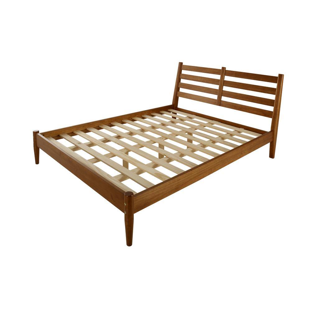 Castanho Pine Wood Queen Platform Bed with Slatted Headboard