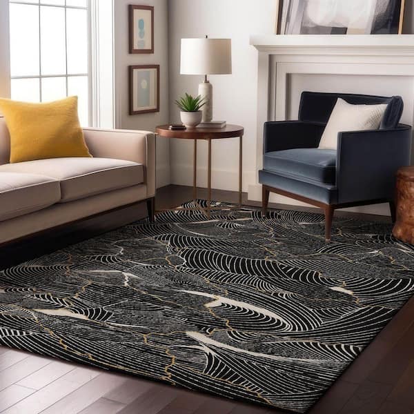 Mayfield Premium Machine Washable Abstract AMF1048 Black 9 ft. x 12 ft. Area Rug