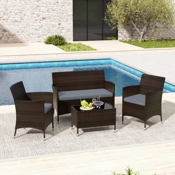 Kadehome 4-Piece Wicker Patio Conversation Set with Gray Cushions