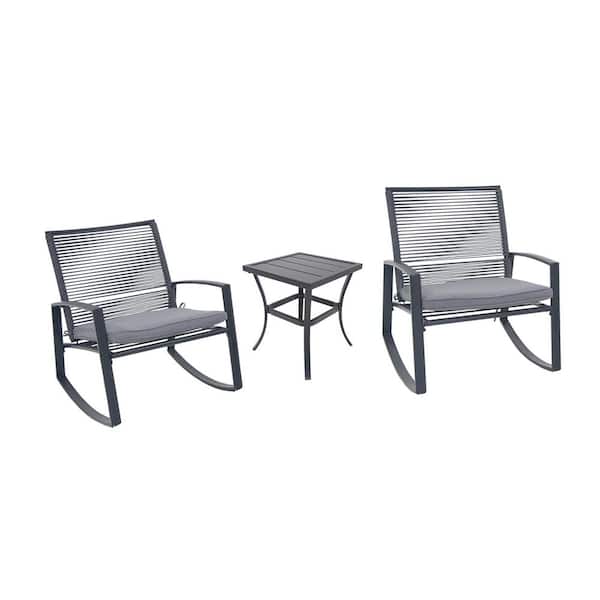 3-Piece Black Metal Outdoor Rocking Recliner with Gray Cushions and Steel Side Table