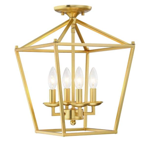 Avex 12 in. 4-Light Gold Modern Vintage Semi-Flush Mount with Steel Cage Shade and No Bulbs Included
