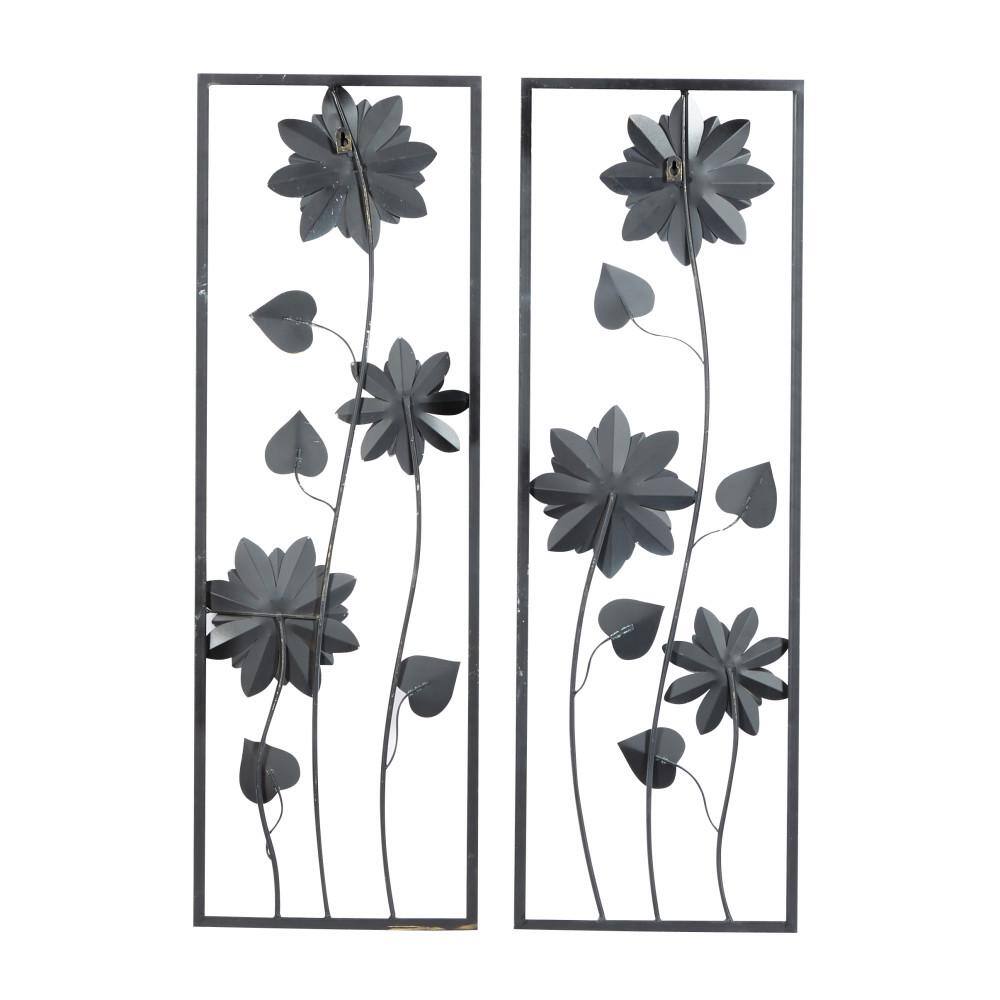Gray Metal Floral Wall Sculpture with Black Frame, Set of 2