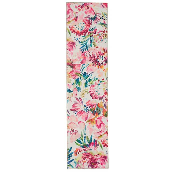 Washable Janelle Raspberry/Ivory 2 ft. x 8 ft. Floral Runner Rug