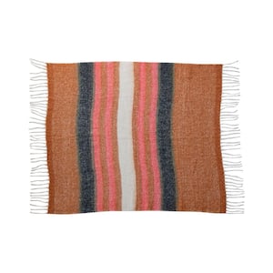 Brown and Pink Striped Acrylic and Wool Throw Blanket