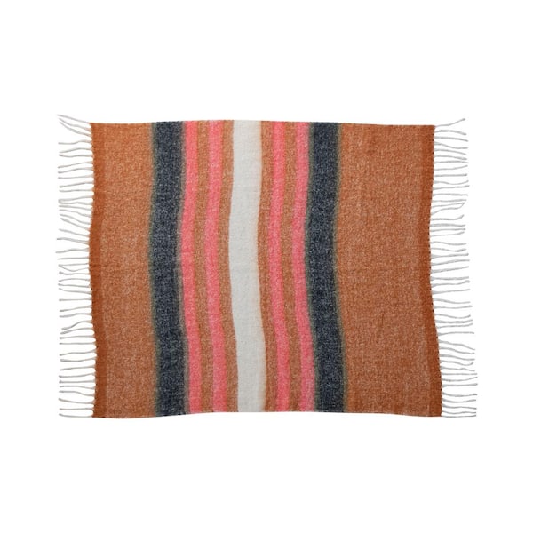 Storied Home Brown and Pink Striped Acrylic and Wool Throw Blanket