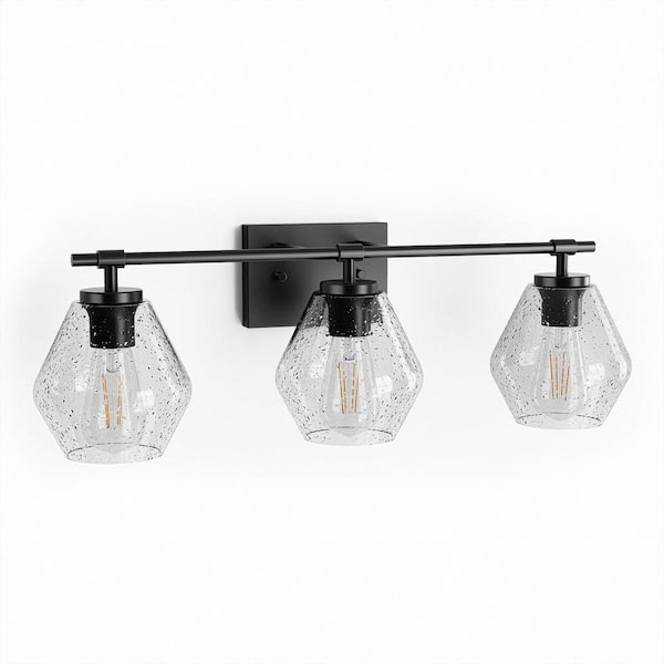 25 in. 3-Light Matte Black Vanity Light with Clear Glass Shade for Bathroom with No Bulbs included