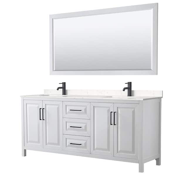 Daria 80 in. W x 22 in. D x 35.75 in. H Double Bath Vanity in White with Carrara Cultured Marble Top and 70 in. Mirror