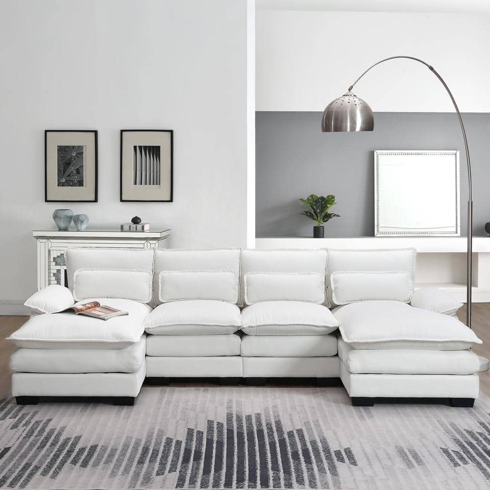 109.8 in. Modern 6-Seat Chenille U-Shaped Sectional Sofa in White with Waist Pillows -  Clihome, CL-GT8004A
