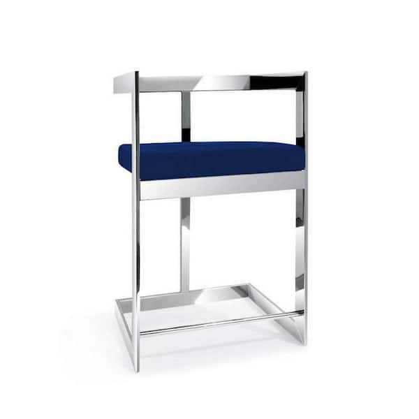 Benjara 26 in. Blue and Chrome Low Back Metal Frame Bar Stool with Velvet Seat