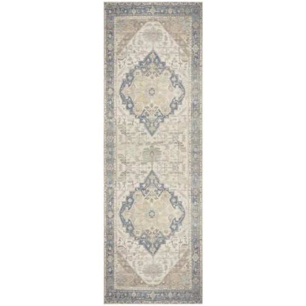 Vintage Washables Blue Green 2 ft. x 6 ft. Center Medallion Traditional Runner Area Rug