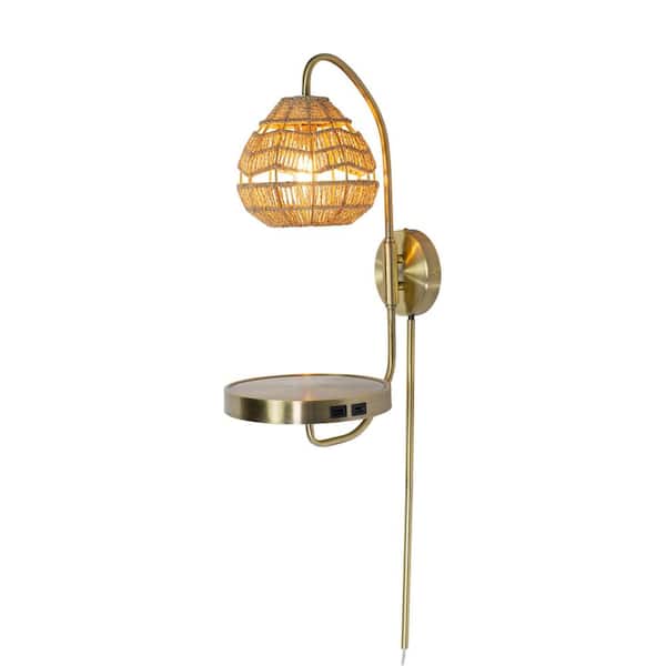 River of Goods Rhys 8.75 in. Brushed Gold-Colored Candlestick Wall Sconce with Round Rattan Shade