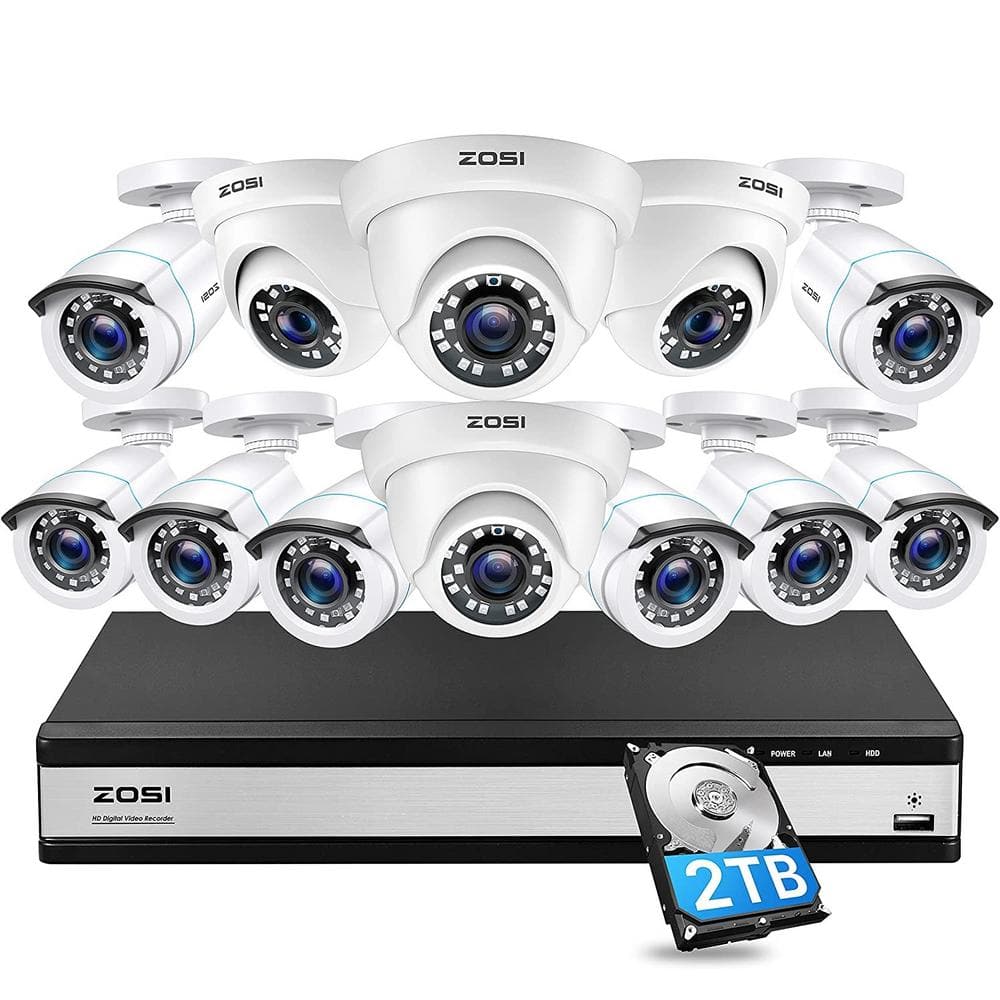 ZOSI 16-Channel 5MP-Lite 2TB DVR Security System with 4 1080p Dome Wired Cameras plus 8 1080p Bullet Cameras