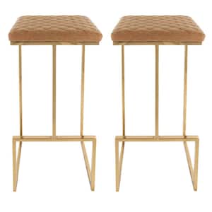 Quincy 29 in. Quilted Stitched Leather Gold Metal Bar Stool with Footrest Set of 2 in Light Brown