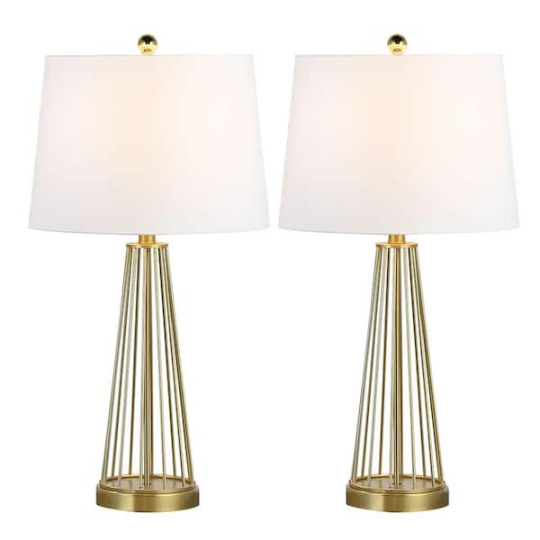Maxax Detroit 27 in. Brass Table Lamp Set With White Shade (Set of 2)