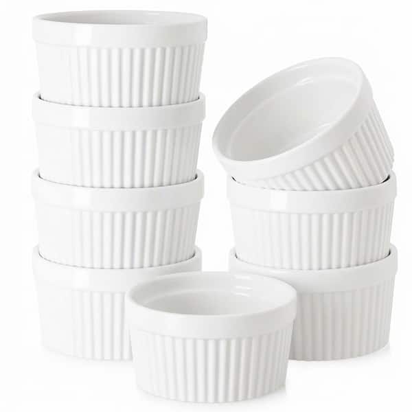 8 Piece Round Porcelain Ramekin Set for Baking and Cooking with Glazed Finish, Oven Safe, Easy to Clean