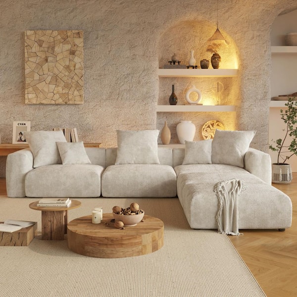 Modern 142 in. Square Arm Corduroy Modular Oversized Floor Sofa Grand Couch with Ottoman and Removable Covers in Beige