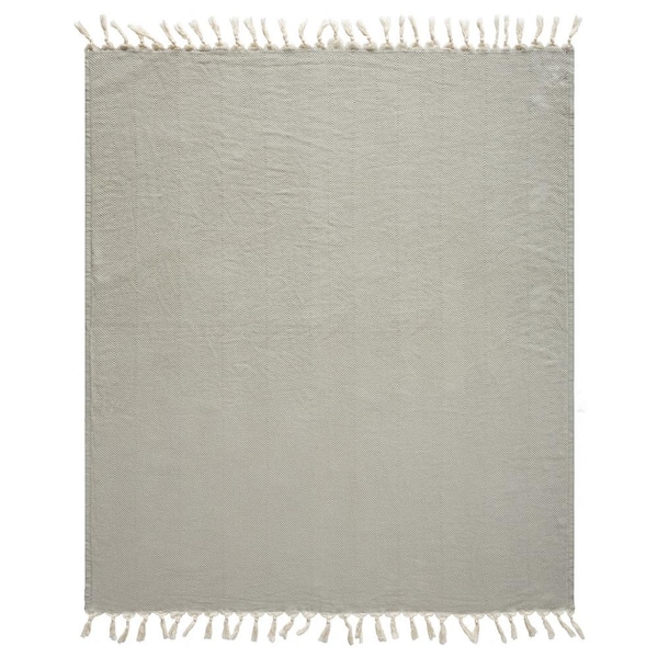 LR Home Averie Grey/Cream Herringbone Farmhouse Organic Turkish Cotton Throw Blanket
