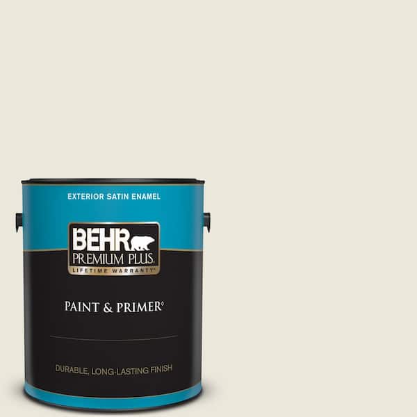 BEHR PREMIUM PLUS 1 gal. #BXC-32 Picket Fence White Satin Enamel Exterior Paint & Primer
