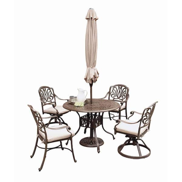 HOMESTYLES Floral Blossom Taupe 5-Piece Patio Dining Set with Beige Cushions and Umbrella