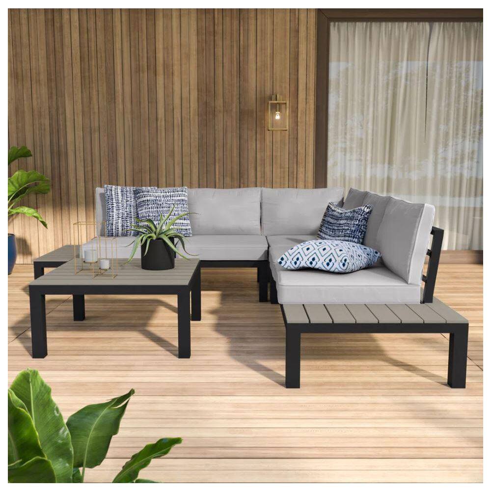 Light Gray Aluminum 5-Person Outdoor Sectional Set with Poly-Lumber Table