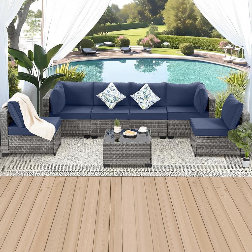Gray 7-Piece PE Wicker Outdoor Patio Sectional Sofa Couch