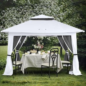 13 ft. x 13 ft. White Steel Pop Up Portable Gazebo Outdoor Patio Canopy Double Roof with Mosquito Netting