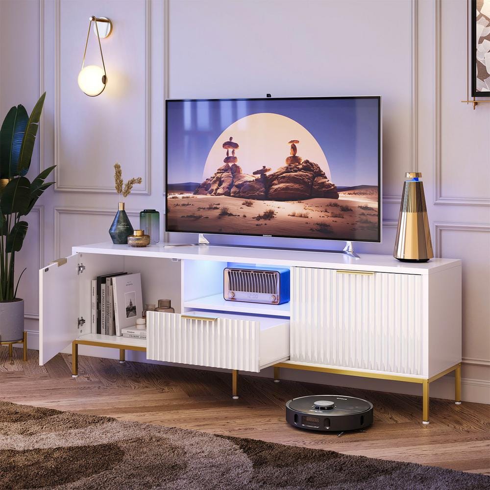 White and Gold 55 Inch TV Stand with Drawer and Cabinet