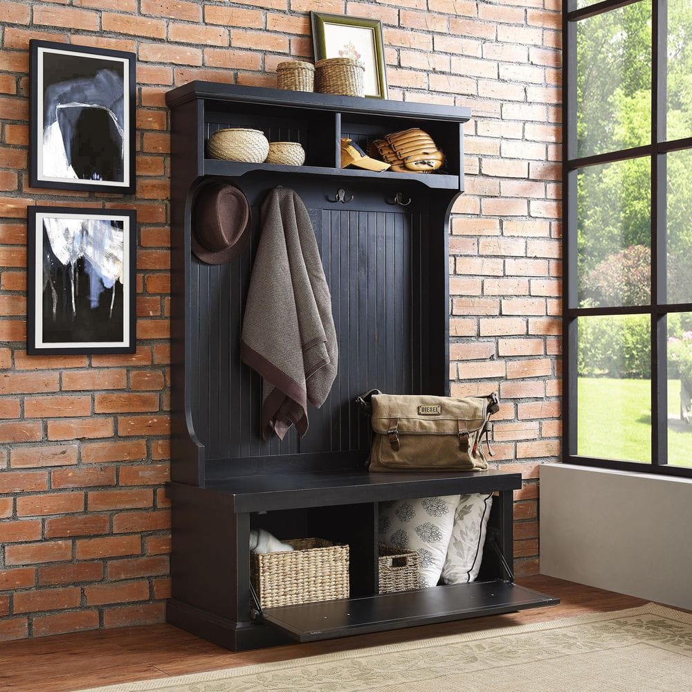 Distressed Black Poplar and Birch Hall Tree with Bench and Storage