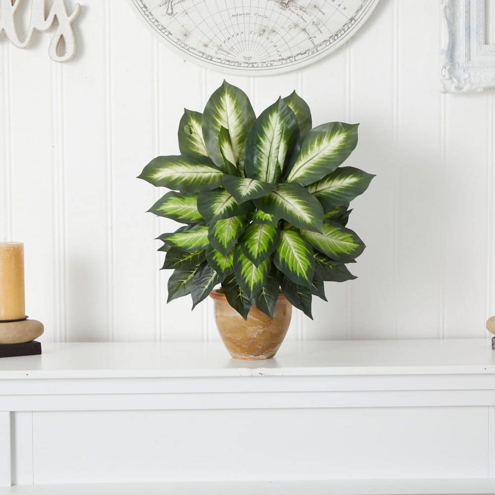 Green Leopard Lily Artificial Plant in Brown Ceramic Pot