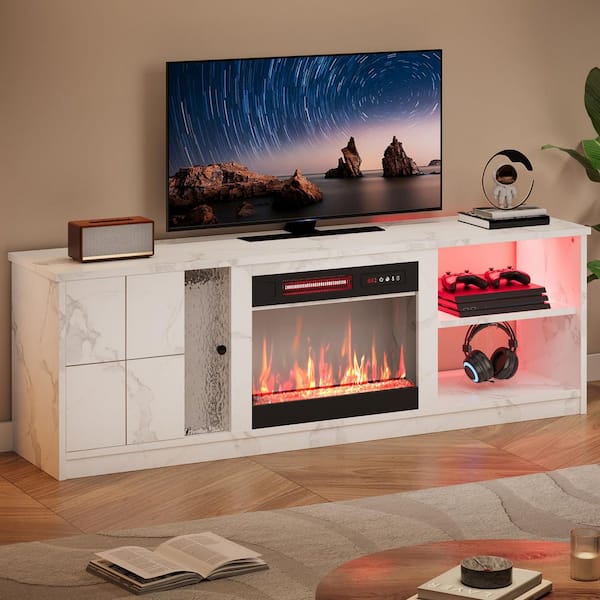 63 in. Freestanding Electric Fireplace TV Stand with LED Storage Shelf for TVs up to 70 in. TV Console, Marble White