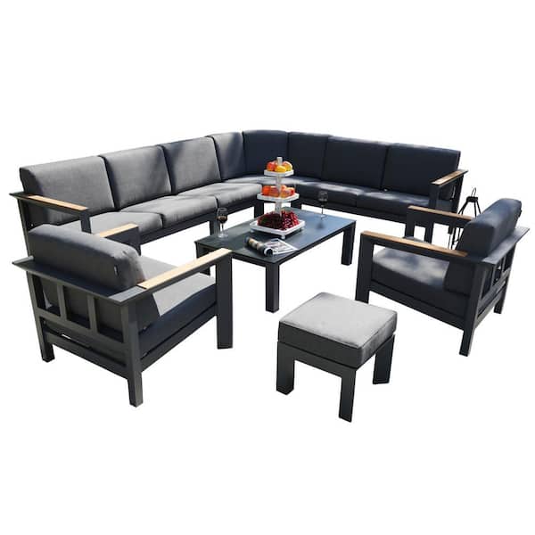 DIRECT WICKER Tess Black 8-Piece Aluminum Outdoor Patio Conversation Sectional Set with Black Cushions