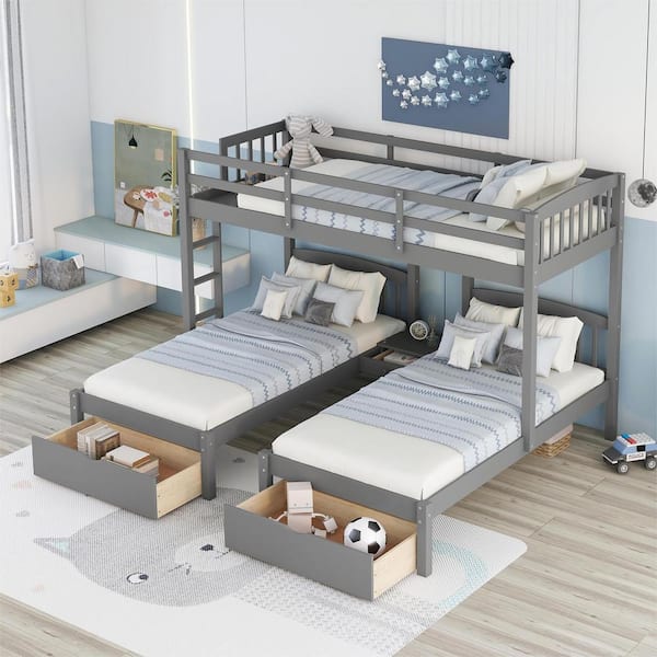 Harper & Bright Designs Gray Twin Over Twin and Twin Wood Triple Bunk Bed with Built-In Middle Drawer, Top Storage Shelf, 2-Under-Bed Drawers